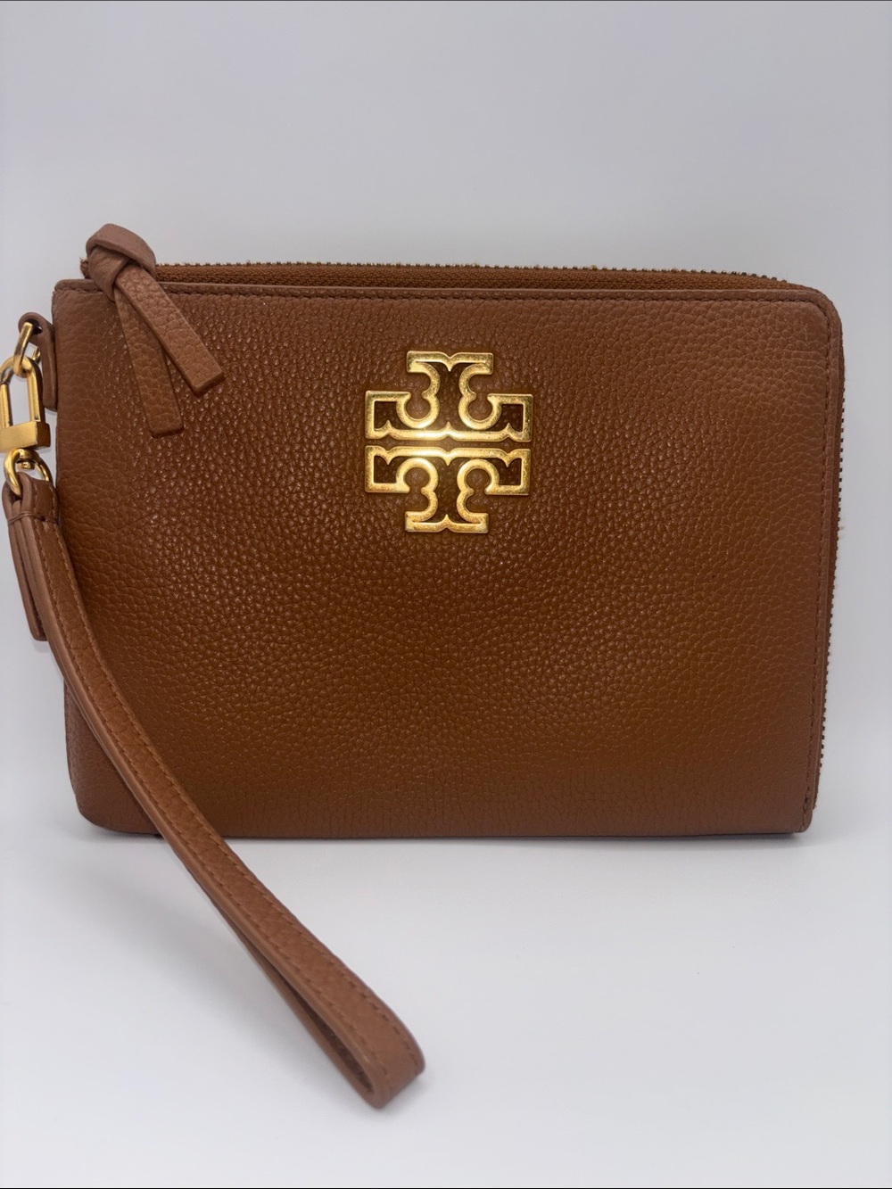 Tory Burch Chestnut Brown Pebbled Leather Wristlet with Gold Logo